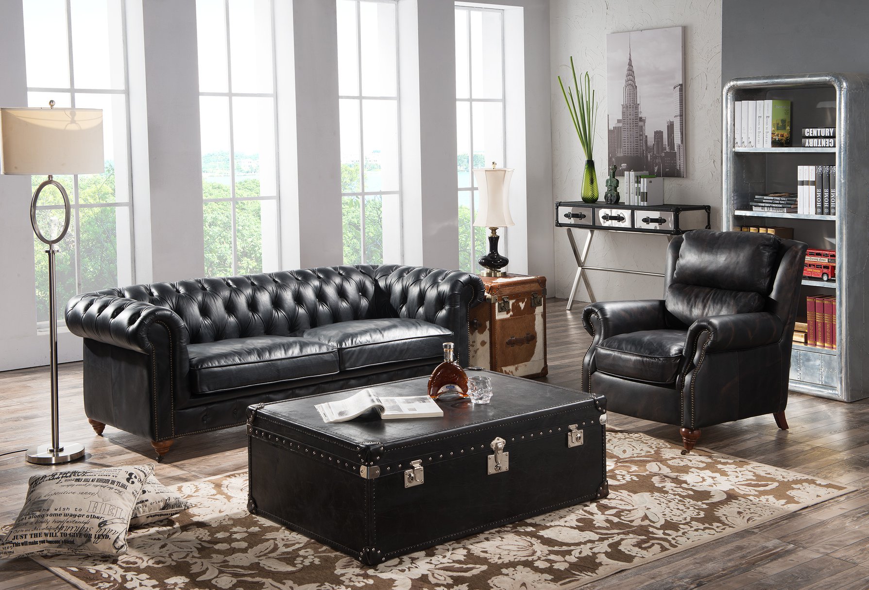 Luxury Chesterfield sofa set 3 + 1 seat coffee table 4-piece set sofa leather set