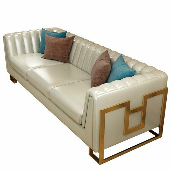 Leather Sofa Couch 3 Seater Premium Design Modern Stainless Steel Beige Upholstered Sofa