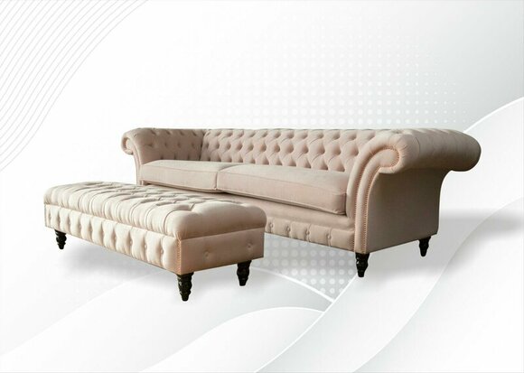 Chesterfield 4 seater stool pink textile living room set sofa luxury modern 2 pieces.