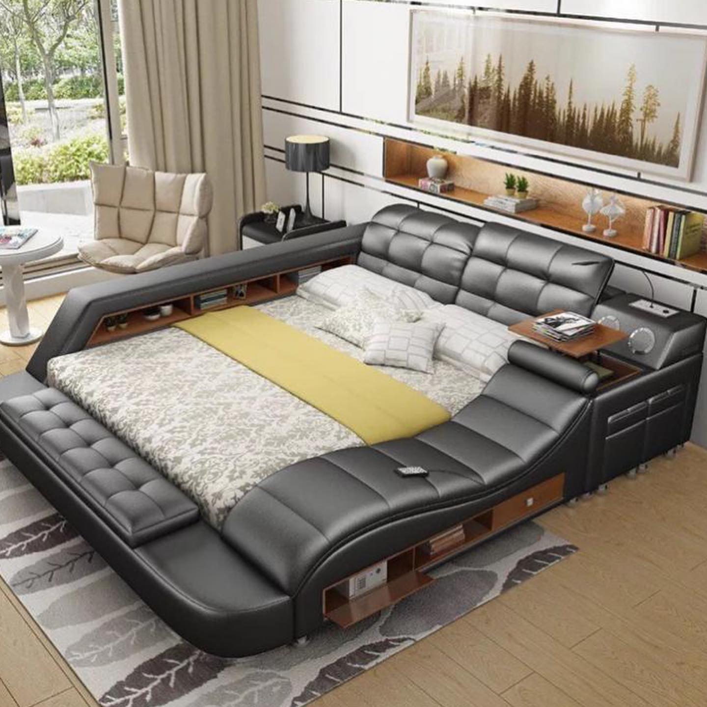 Bed Double Shelves Leather Upholstery Beds Multifunction with Massage Function New