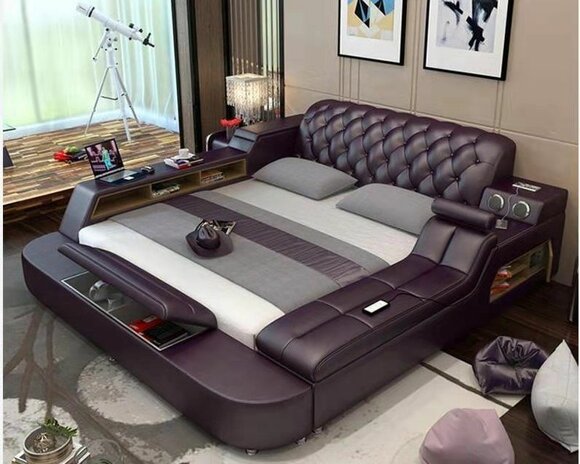 Design Bed XXL Big Beds Leather Hotel Upholstery 180x200 Multifunction Shelf New