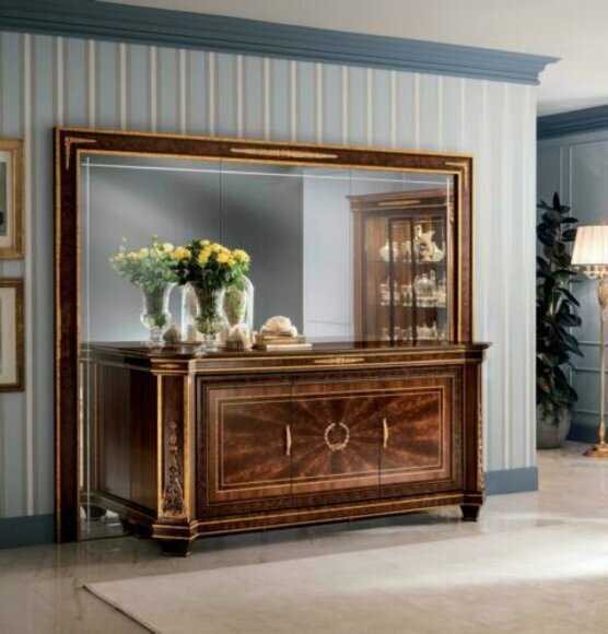 Living room XXL wall unit wooden sideboard with swing doors & mirror italian furniture