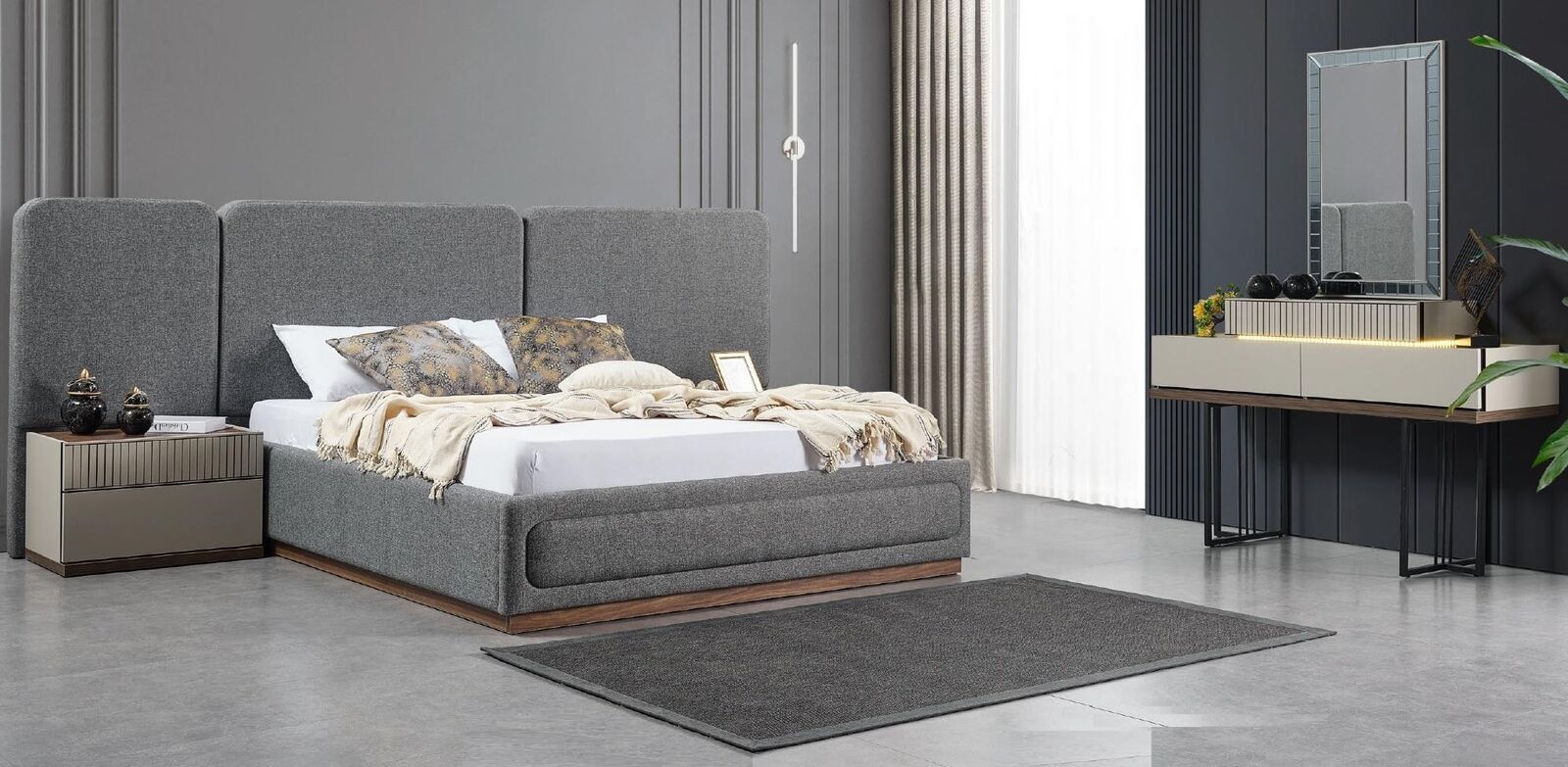 Bed 2x bedside tables, dressing table, luxury designer furniture, 4-piece bed set.