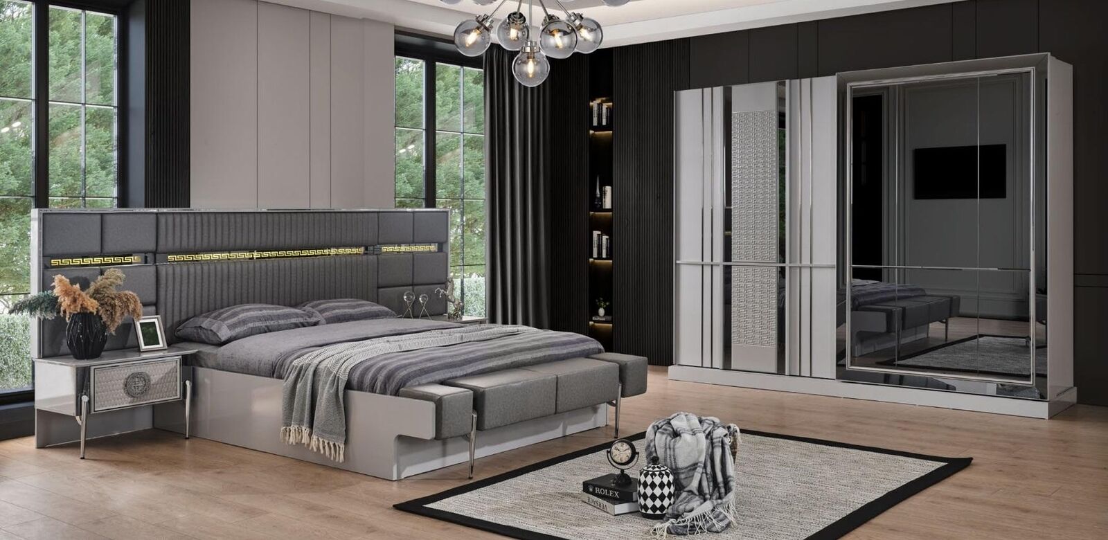 Bedroom double bed bed set gray bedside tables wood set 4 pieces