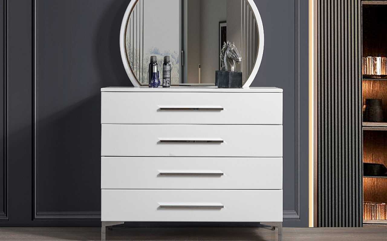 Four Door White Bedroom Dresser Designer Glass Round Mirror 2 Piece Set