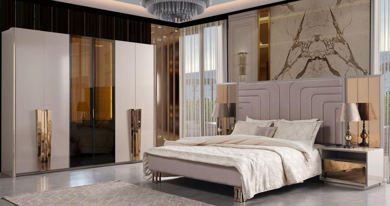 Double bed set beige wood luxury modern bedroom set 3 pieces