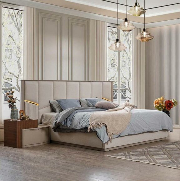 Modern Beige Bedroom Set Luxurious Double Bed + Bedside Tables