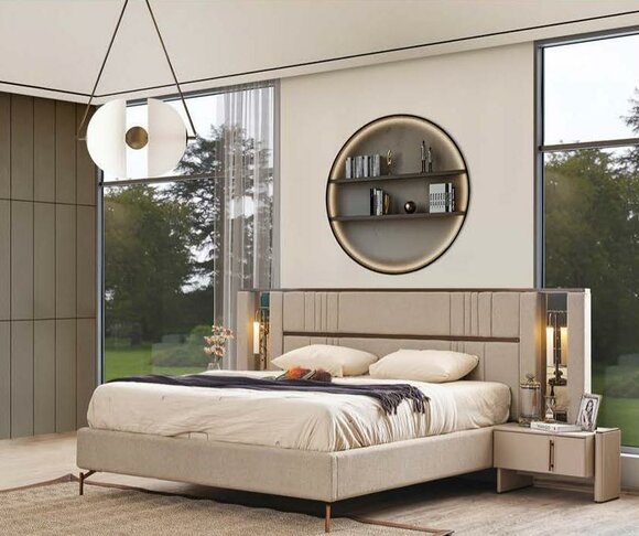 Luxury bedroom beige double bed 2x bedside tables modern furniture