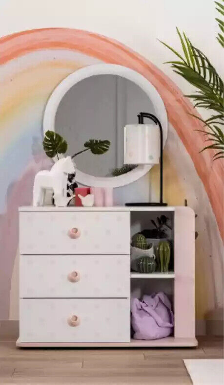 Chest of drawers with mirror White wood Pink cabinet Wooden cabinet Modern