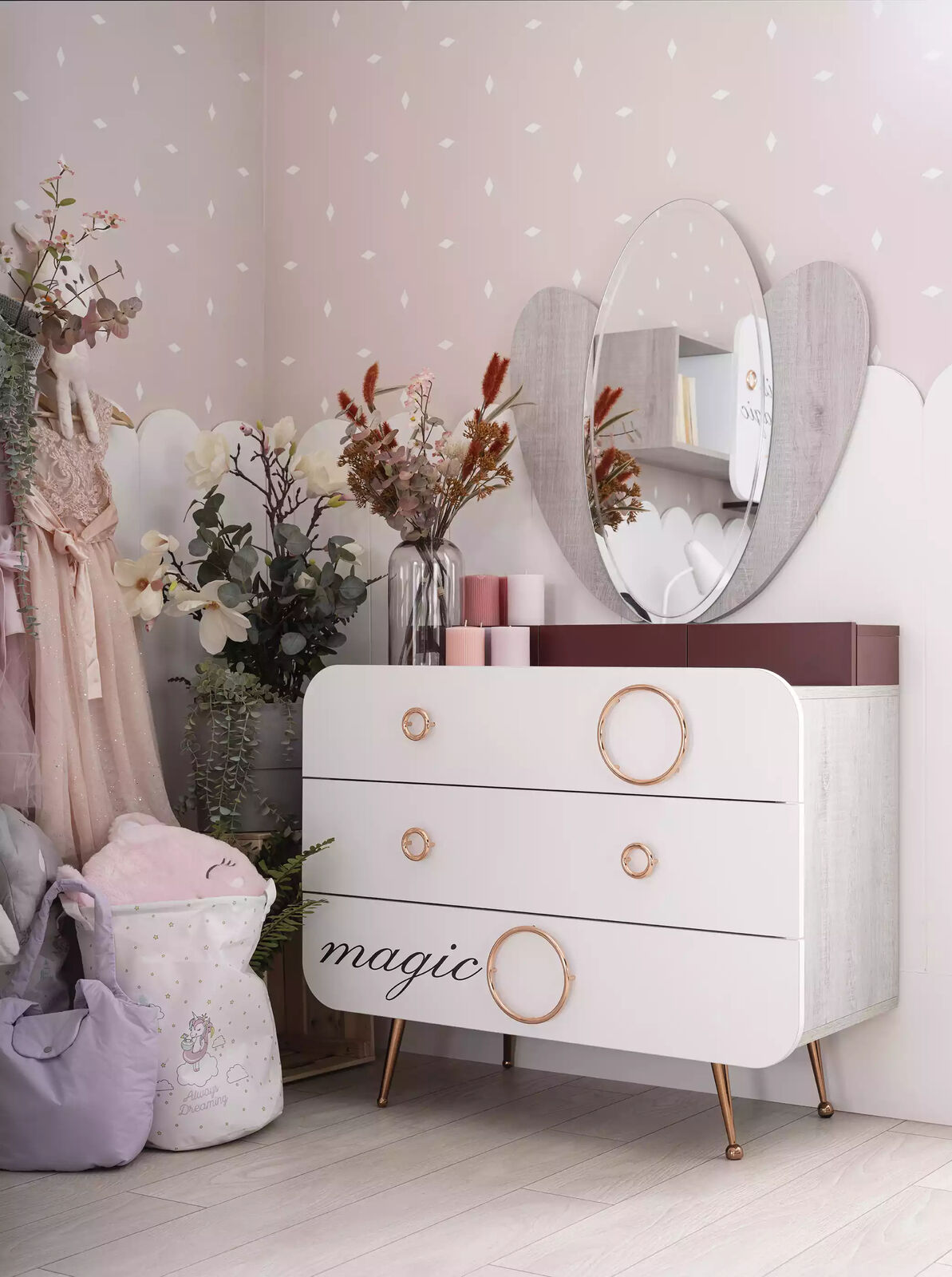 White wooden chest of drawers 3x drawers designer mirror nursery set 2pcs