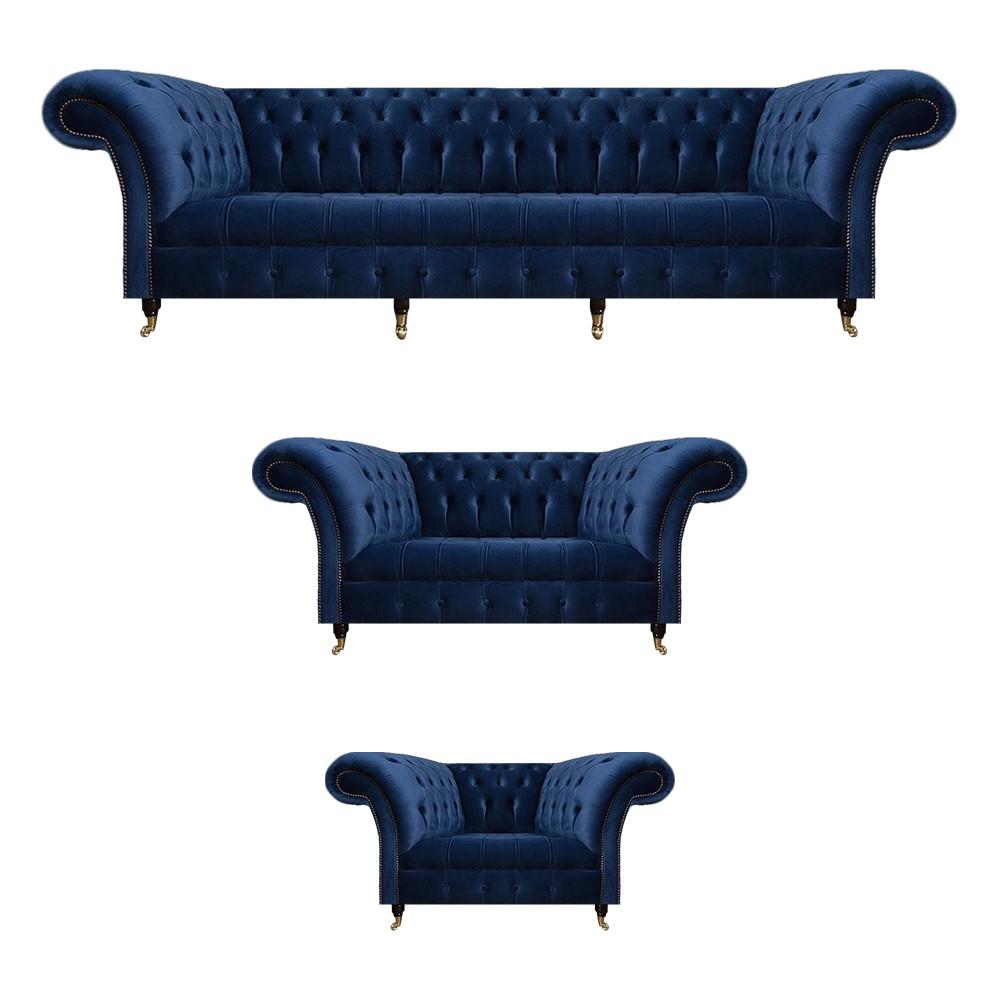 Living room set 3-piece Chesterfield blue textile luxury sofas design furnishings