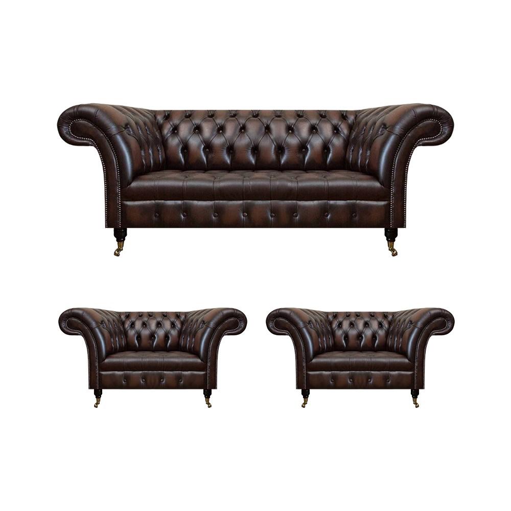 Luxury Brown Leather Sofa Set Living Room 2x Armchairs Three Seater Couch Chesterfield