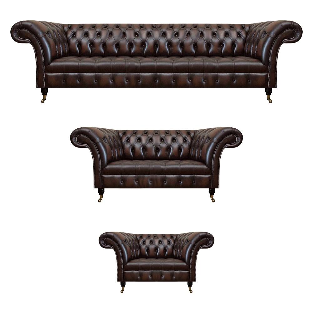 Chesterfield Leather Brown Living Room Upholstered Furniture Sofas Set Luxury Furnishings