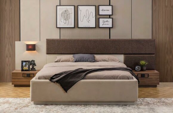 Exclusive bedroom set designer beige bed brown bedside tables