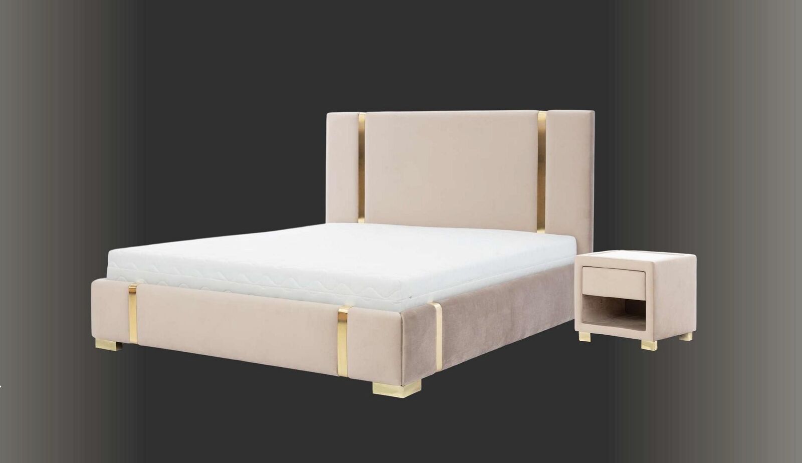 Bedroom Set Beige Bed Elegant 2x Bedside Tables Luxury Furniture Modern 3-piece.