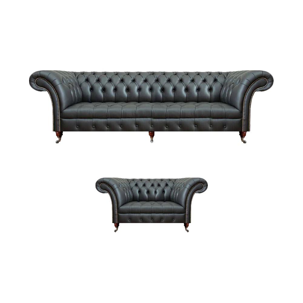 Black leather sofa complete armchair living room 2-piece sofa three-seater Chesterfield