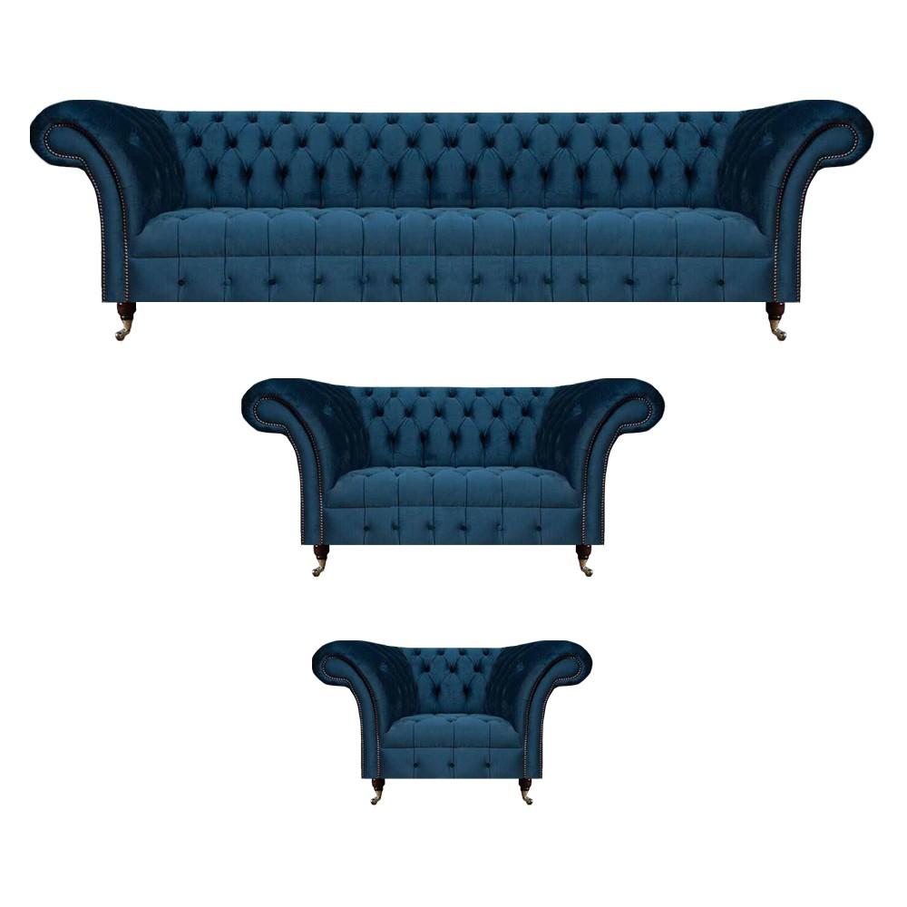 Sofa set blue luxury complete 3-piece seating furniture Chesterfield upholstered seat new