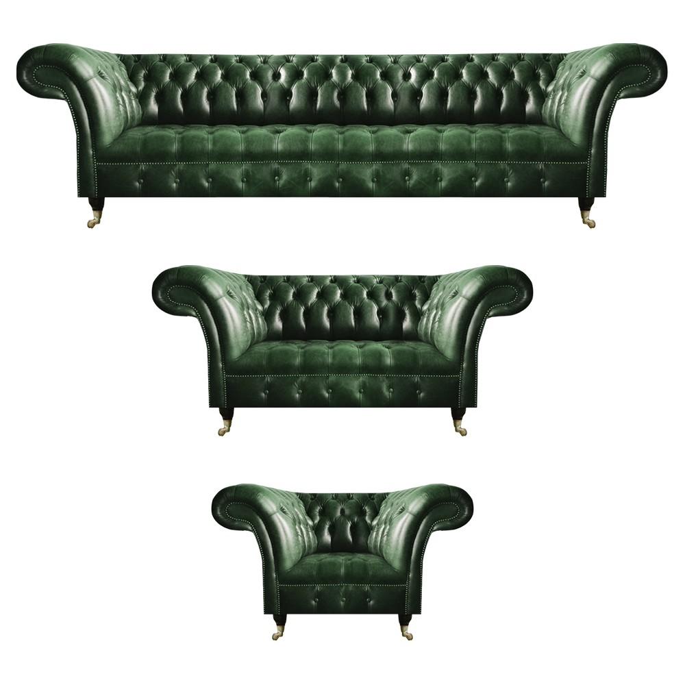 Green leather sofa set 3 pieces living room sofa set upholstered furniture Chesterfield