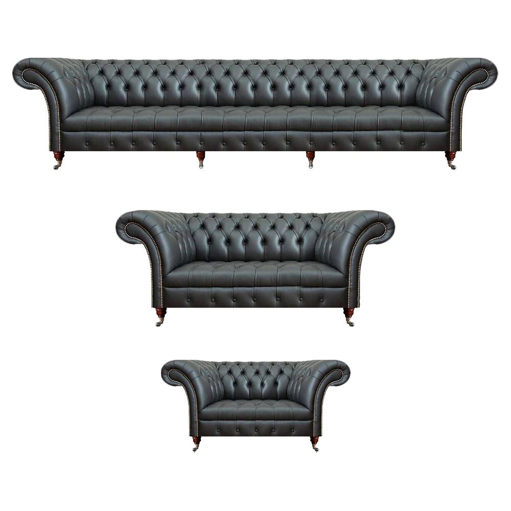 Living room set 3 pieces leather 2x sofas black armchair upholstered furniture Chesterfield