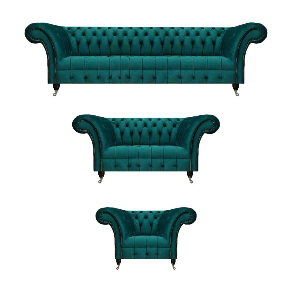 New Sofa Set 3 Pieces Luxury Blue Complete Chesterfield Living Room Upholstered Furniture