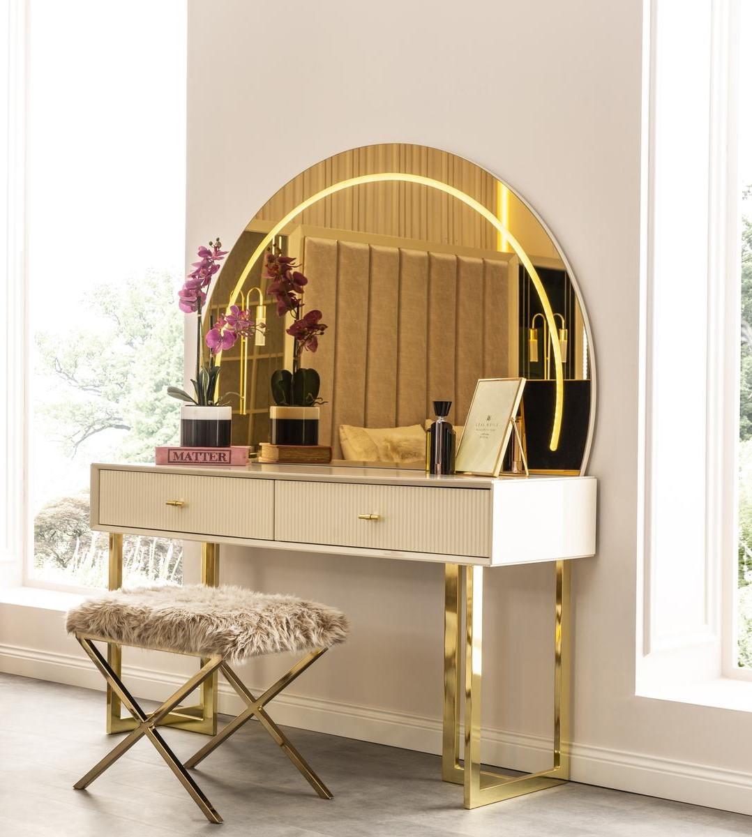 Golden Bedroom Set Designer Make-up Table Round Mirror 2pcs