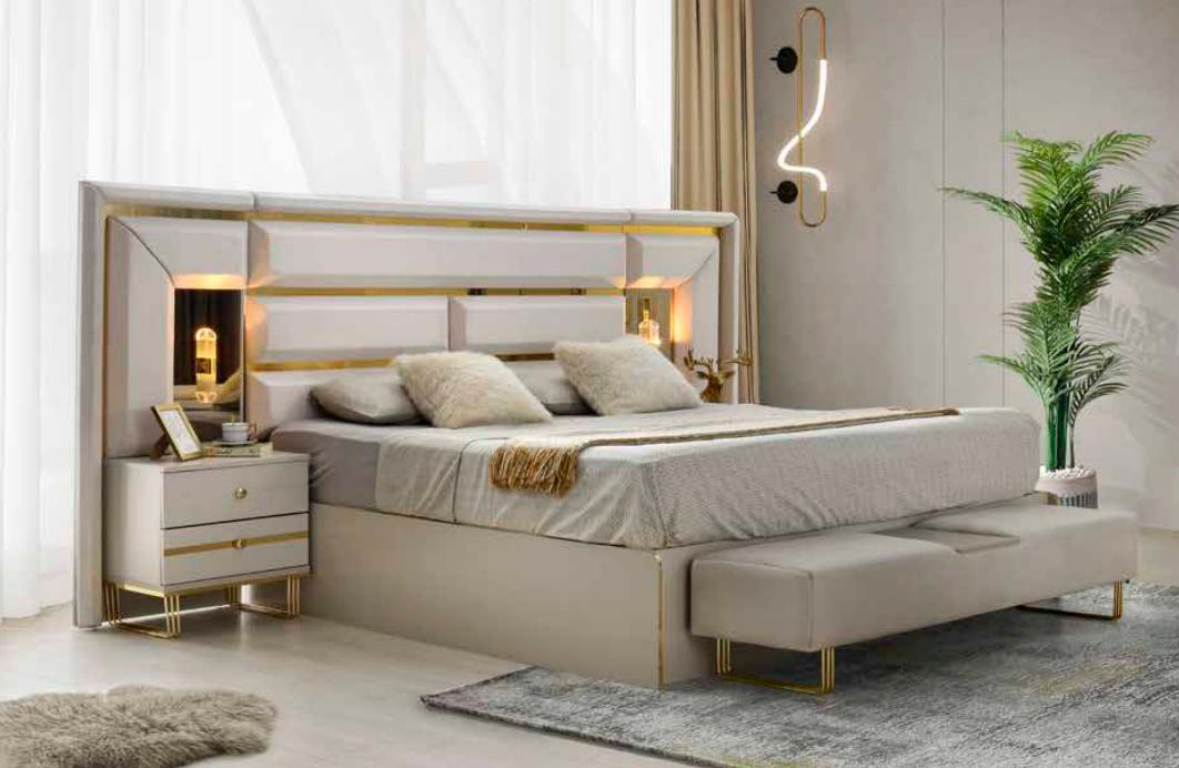 Bedroom set 3pcs bed with 2x bedside tables white gold two-tone modern