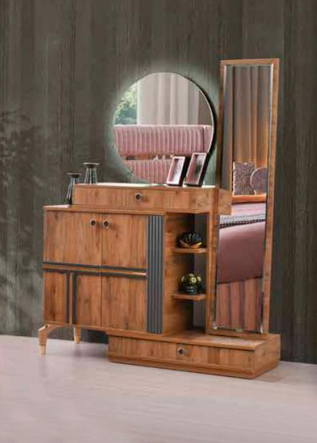 Brown Wooden Vanity Table Modern Rectangular Dressing Table Round Mirror