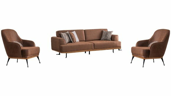 Modern three-seater sofa and armchair brown upholstered furniture set for living room