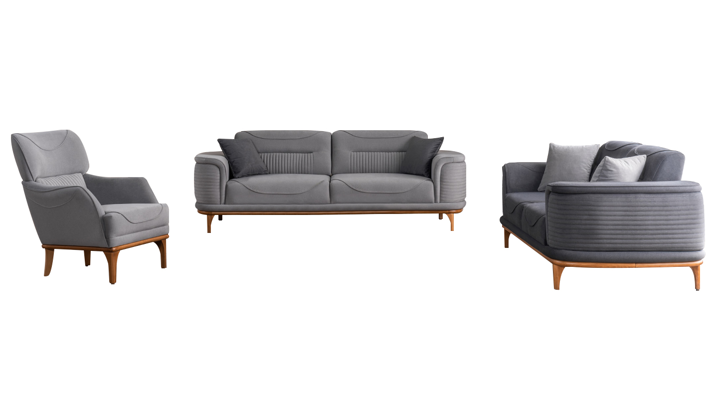 Luxurious upholstered furniture in grey: two three-seater sofas & armchairs