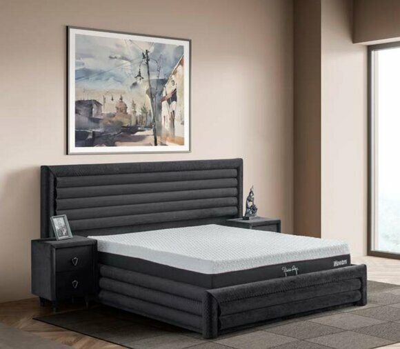 Modern grey bedroom set double bed 2x wooden bedside tables 3pc set