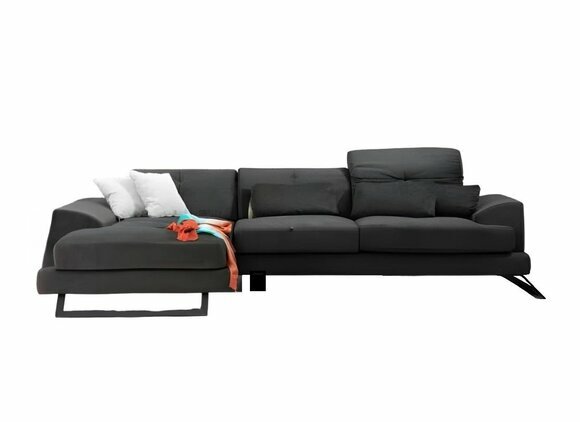 Corner sofa modern L-shape design black plain with cushion textile material