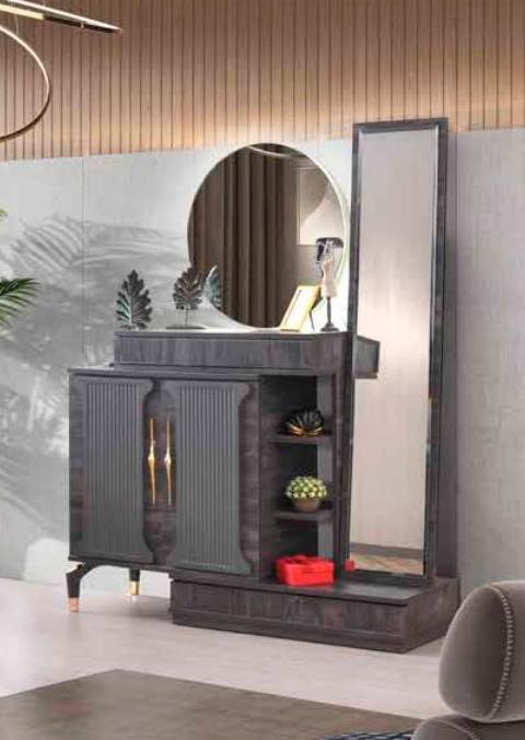 Dark grey dressing table designer wooden dressing table round mirror