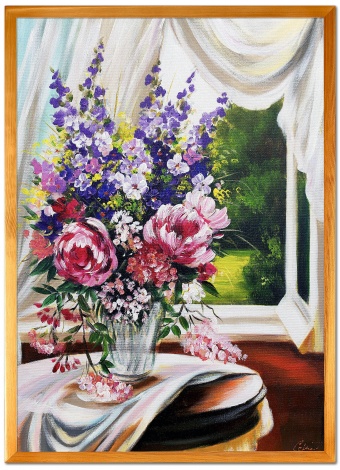 Bouquet of flowers at the window Handicraft Oil paintings Artwork Canvas G118704