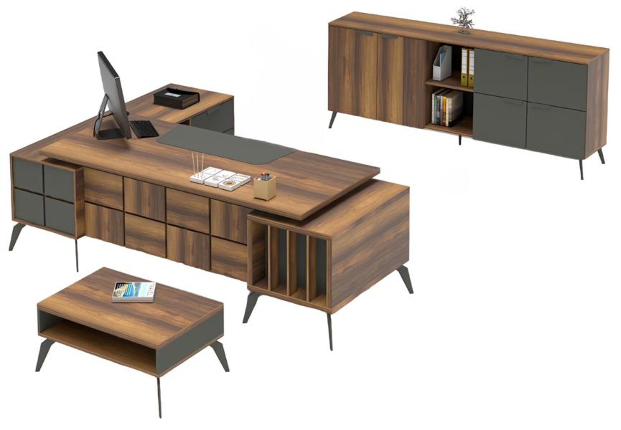 Home Office Set Work Desk L-Shape Coffee Table Sideboard Brown Gray