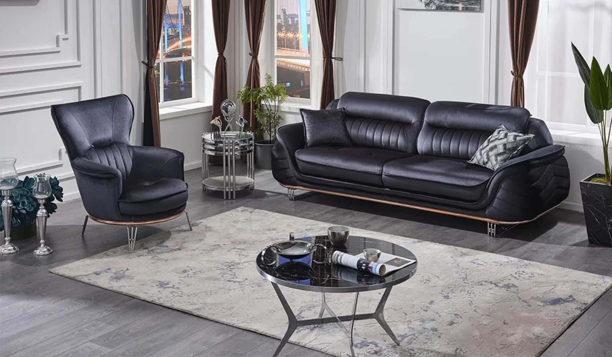 Sofa set 3+1 seats living room black luxurious armchairs with three-seater sofa