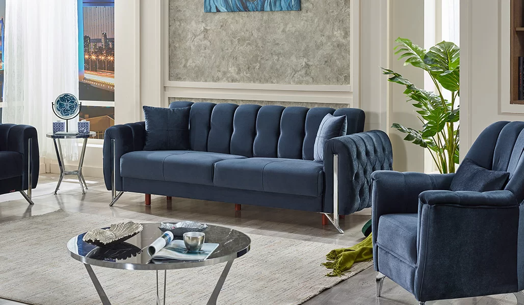 Design Modern Sofas 3-Seater Living Room Textile Three-Seater Blue Upholstered Furniture