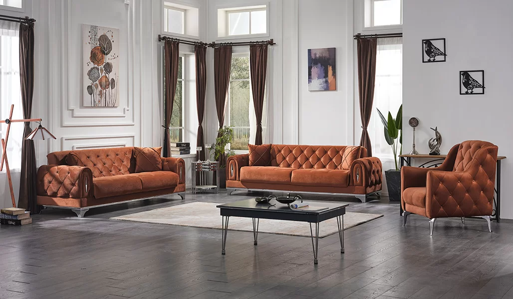 Living Room Sofa Set 3-piece Upholstered Furniture Chesterfield Brown 3+3+1 Seater