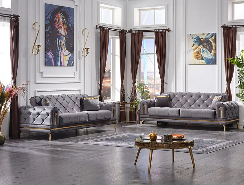 Gray Chesterfield 2x Sofas Couch Set Sofa 3 Seater Luxury Upholstered Furniture