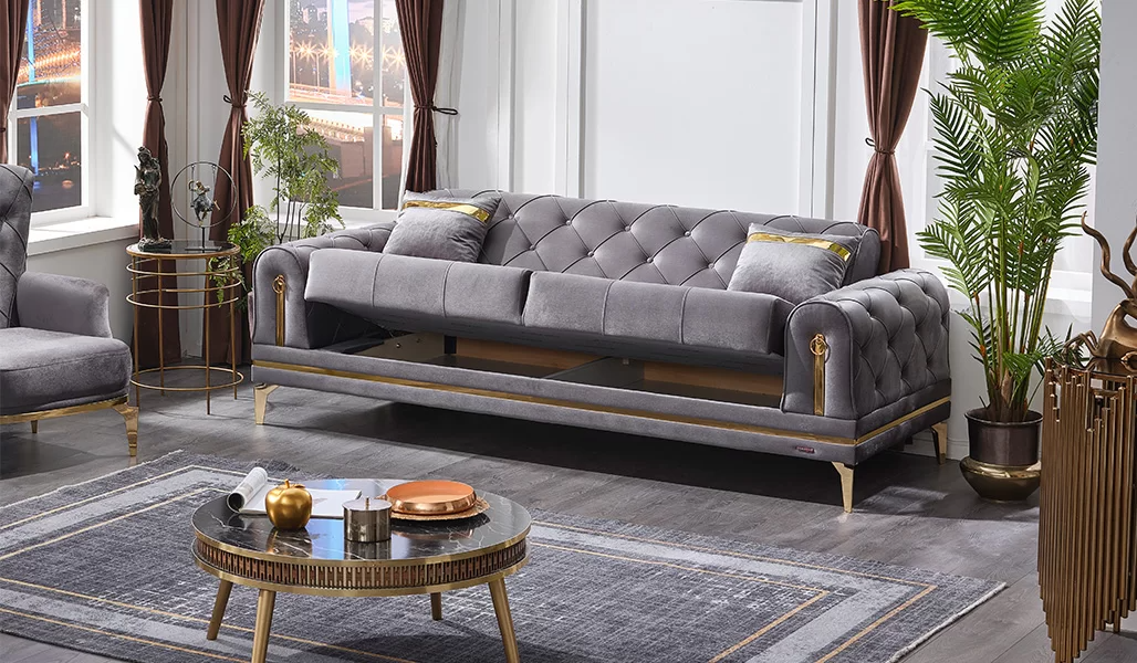 Luxury Sofa Three-Seater Couch Modern Gray Sofas Upholstered Seat Chesterfield