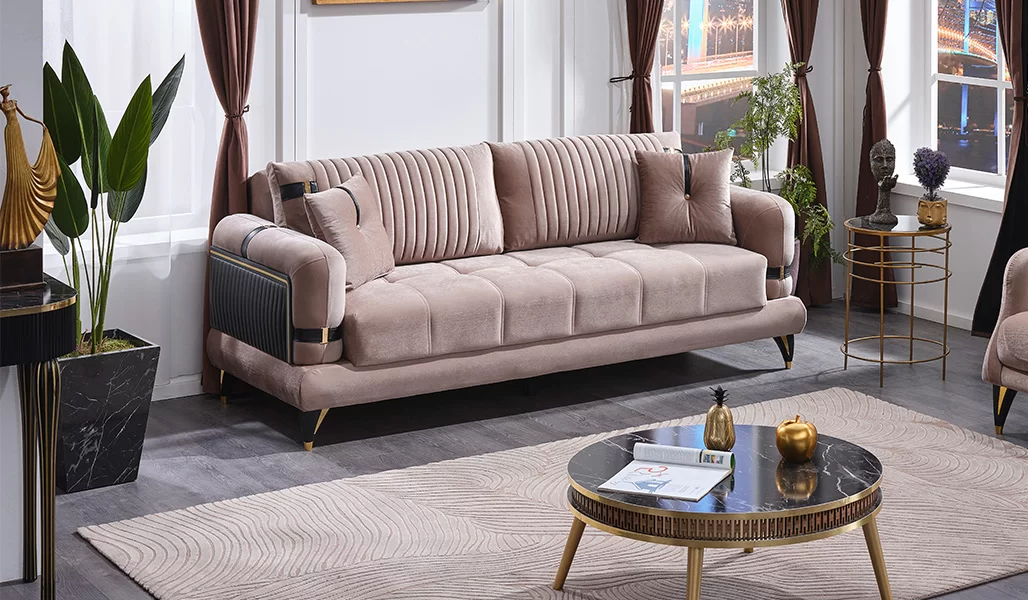 Beige fabric sofa 3-seater modern living room luxury upholstered furniture