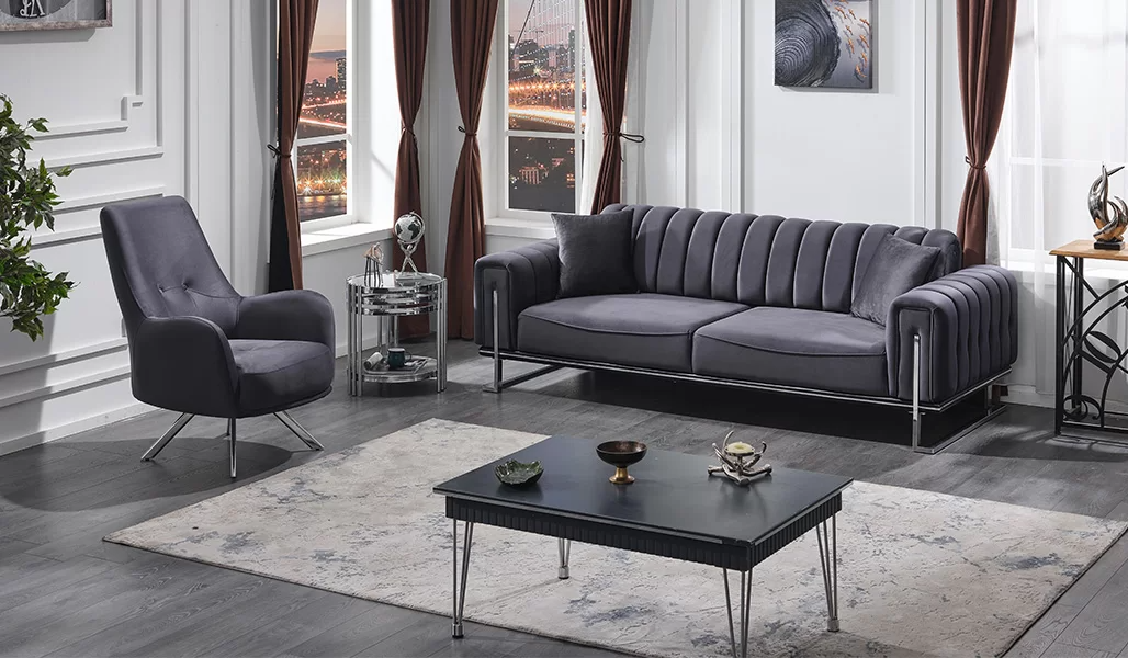 Sofa Set 3-seater + 1-seater Living Room Luxury Chesterfield Gray Sofa Suite