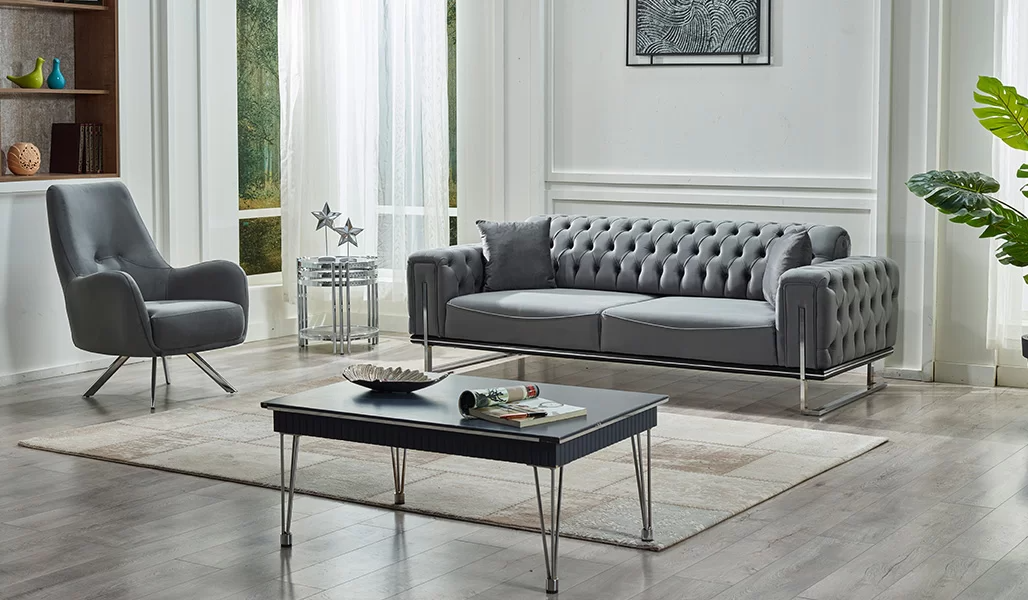 Modern Design Sofa Set 2-piece Gray Upholstered Seat Chesterfield Couches