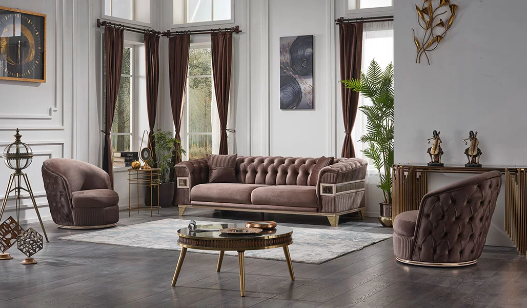 Brown upholstered furniture sofa set 3+1+1 seats luxury complete design furniture.