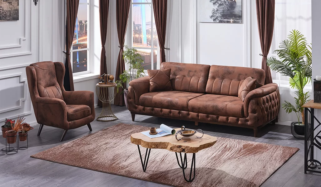 Brown sofa set three-seater couch design armchair living room