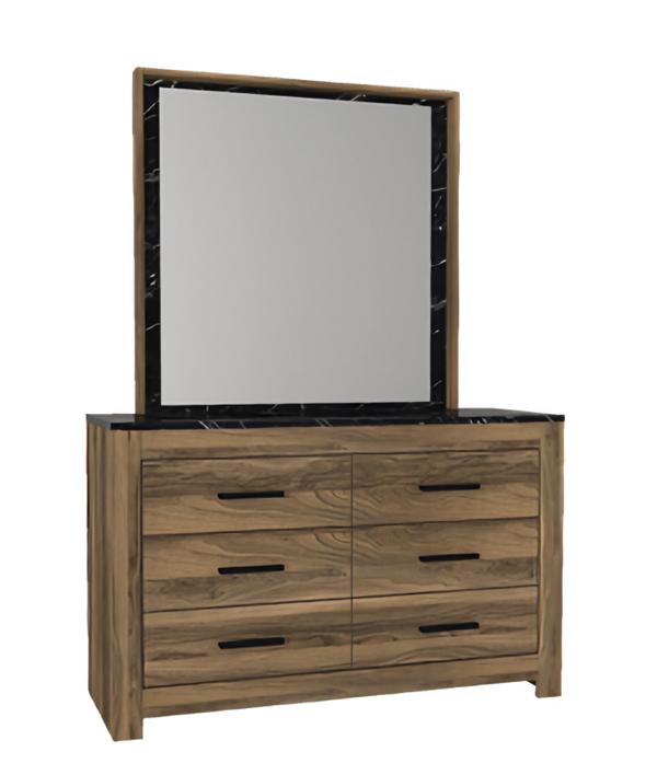 Bedroom chest of drawers with mirror, modern style, elegant furniture, brown wooden furniture.