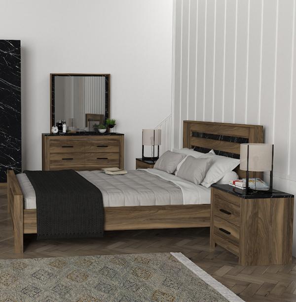 Bedroom set bed + 2 nightstands + dresser stylish 4-piece brown luxury furniture.