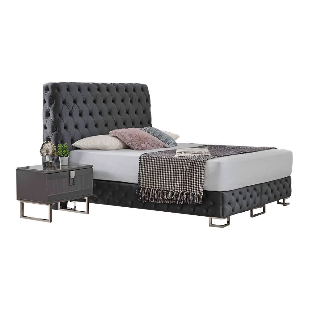 Gray Chesterfield double bed luxurious 2x wooden nightstands 3-piece set