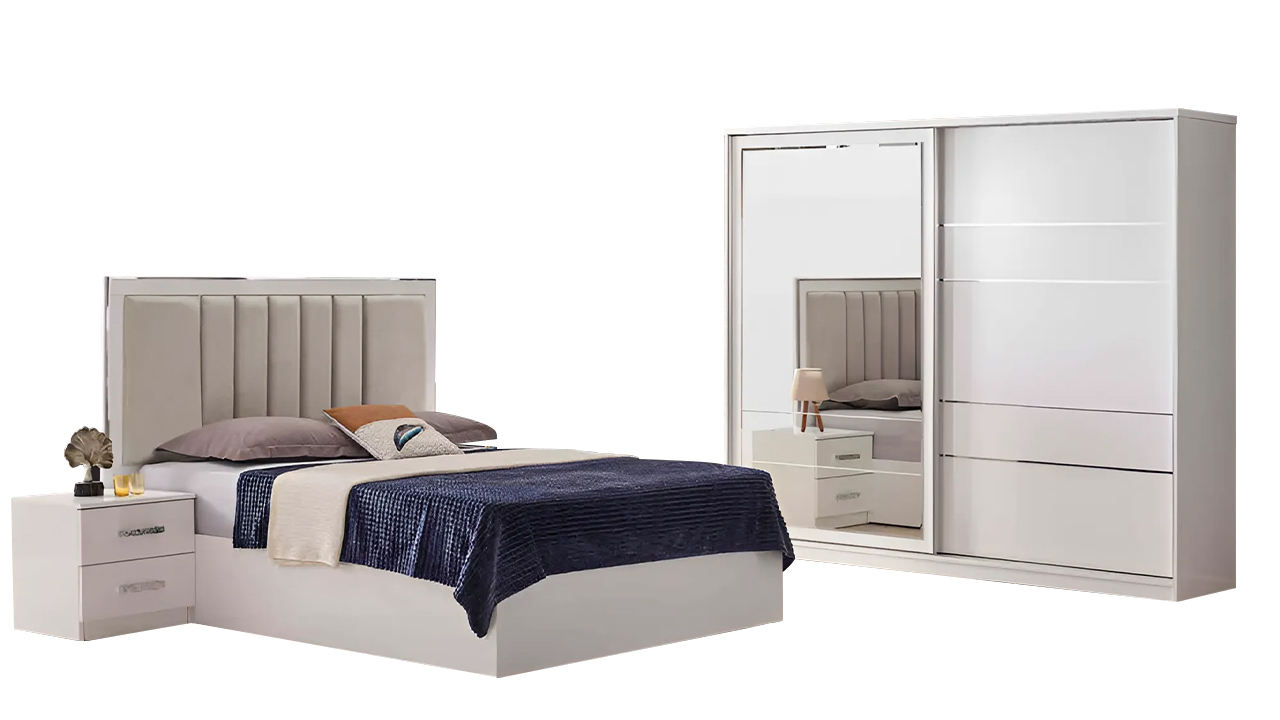 Bedroom furniture double bed nightstands complete 4-piece wardrobe beige