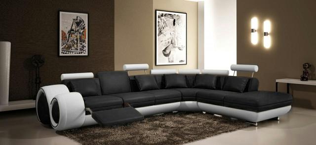 LEATHER SOFA LEATHER COUCH with USB SET SOFA LIVING LANDSCAPE BLACK/WHITE Couch New