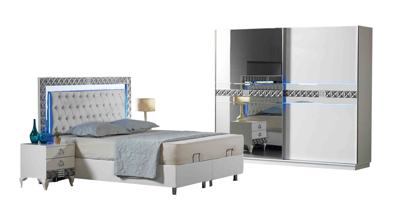 Bedroom complete set double bed nightstands 4-piece white wardrobe